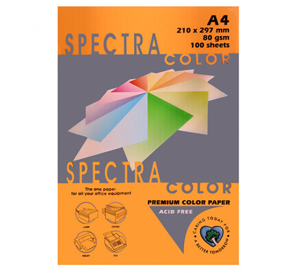 Бумага цветная А4, 80г/кв.м., 100л,  Оранжевая Неоновая "Spectra Color" 40371