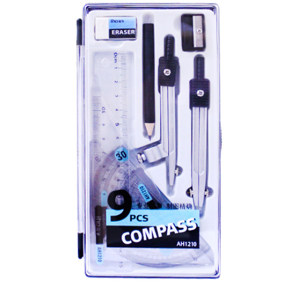 Набор для чертежных работ циркуль + мягкая стиралка + точилка и 3 линейки (Aihua)  1210