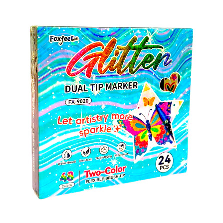 Маркеры двухсторонние с блестком-24- 48 цв 9020-24